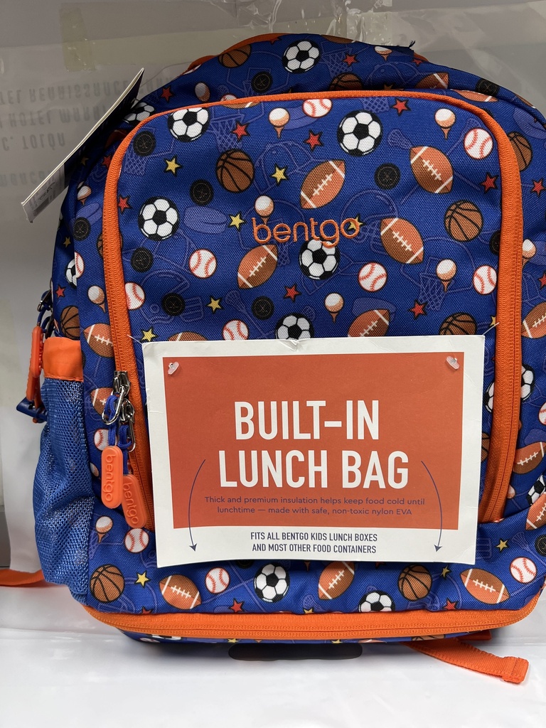 BOLSO BENTGO CON  BOLSA DE ALMUERZO AZUL CON NARANJA DE PELOTAS 