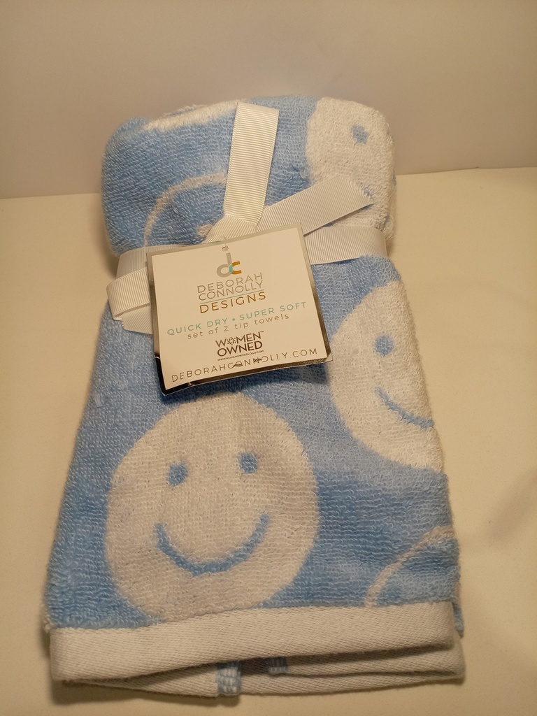 SET DE 2 TOALLA TIP TOWELS FONDO AZUL CARA FELIZ DEBORA CONNOLLY  