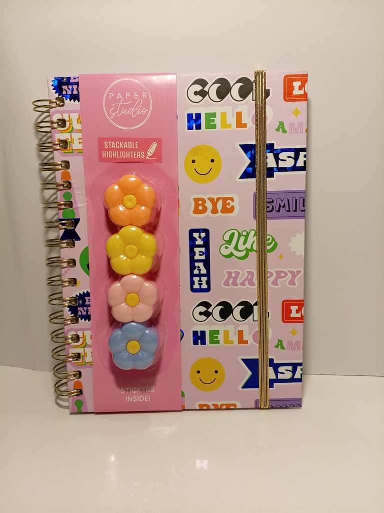 LIBRETA ESPIRAL CON RESALTADORES MOTIVO CARA FELIZ ROSADA