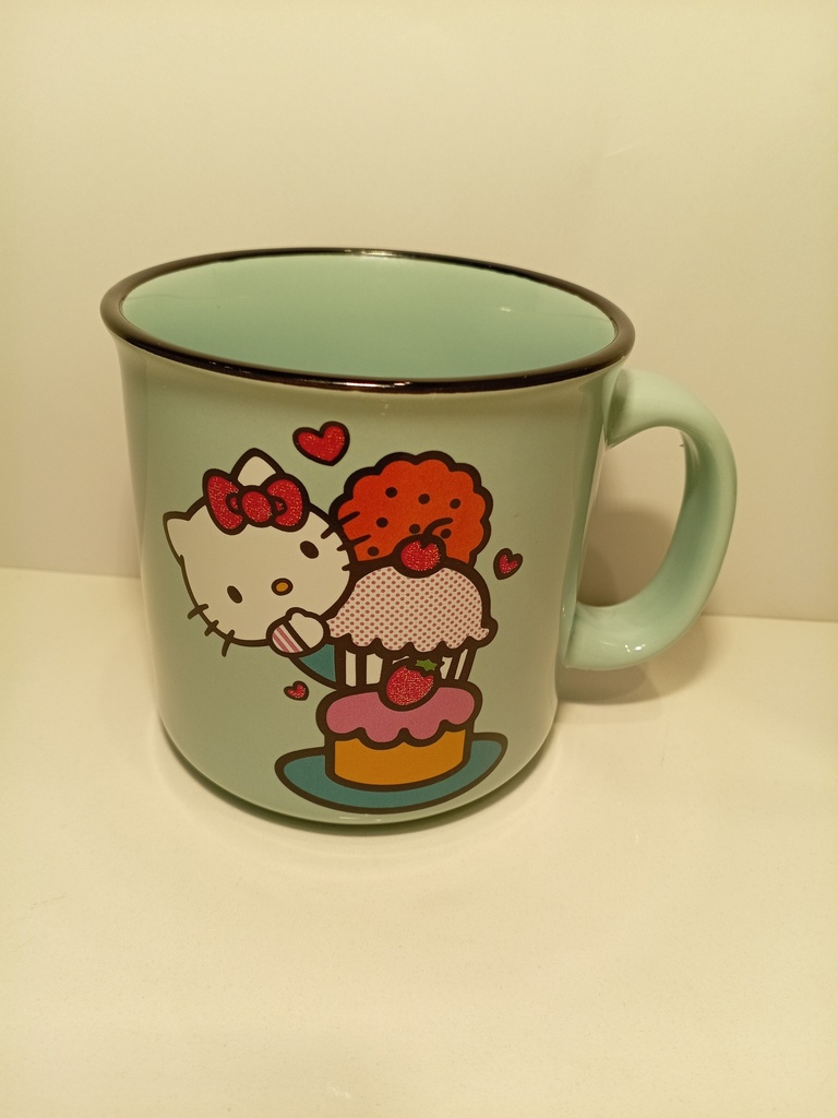 TAZA HELLO KITTY VERDE BORDE NEGRO