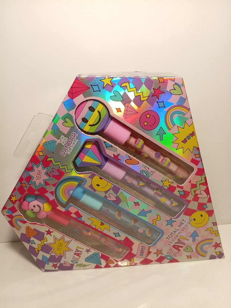LIP GLOSS SET DE 4 UNI. CARA FELIZ/ARCOIRIS