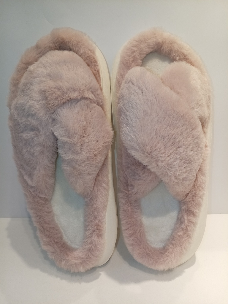 PANTUFLAS TIPO PELUCHE BLANCAS CON ROSADO    