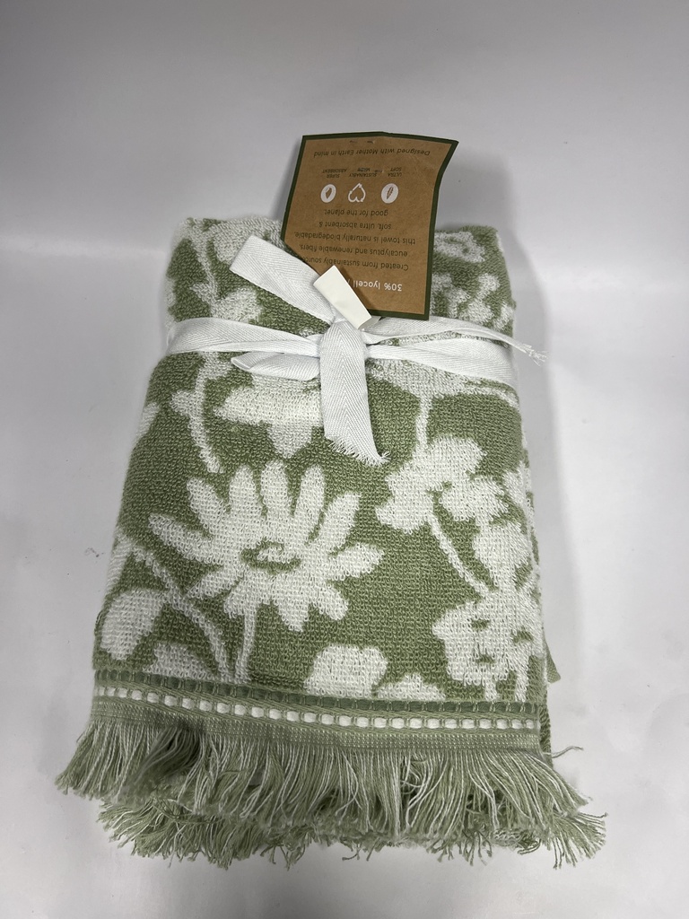 SET DE 2 TOALLAS DE MANO DEBORAH CONNOLLY FLORES BLANCAS FONDO VERDE