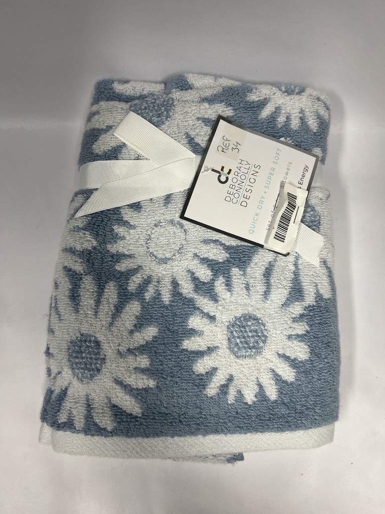 SET DE 2 TOALLAS DE MANO DEBORAH CONNOLLY FLORES BLANCAS FONDO AZUL