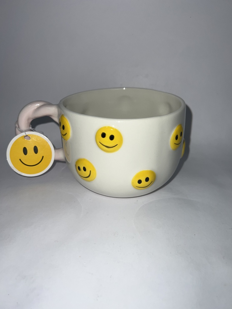 TAZA BLANCA CON CARA FELIZ AMARILLA