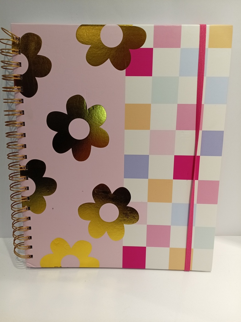 LIBRETA ESPIRAL FLORES Y CUADROS CON LIGA