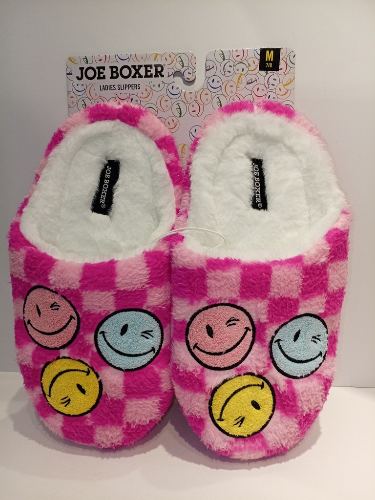 PANTUFLAS DE CARA FELIZ TIPO PELUCHERASADAS DE CUADROS CON CARA FELIZ TALLA M 37-38 