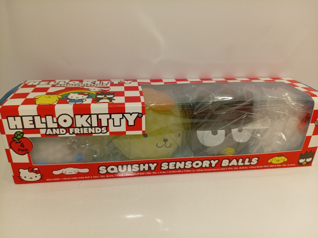 SQUISHY SENSORY BALLS HELLO KITTY SET DE 4 CAJA ROJA DE CUADROS
