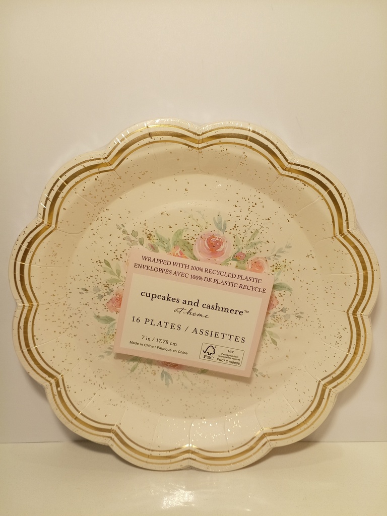 PLATOS DE CARTON FLORES/BORDES DORADO AT HOME 16UNI. 17.78CM