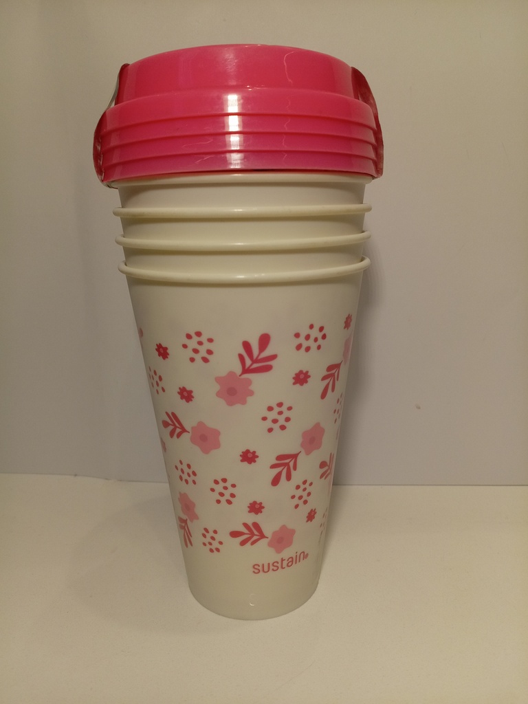 SET DE 4 VASOS PLASTICOS DE FLORES ROSADAS FONDO BLANCO