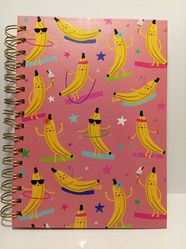 LIBRETA ESPIRAL BANANAS FONDO ROSADO