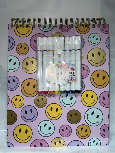 LIBRETA ESPIRAL SKETCH CARA FELIZ CON MARCADORES