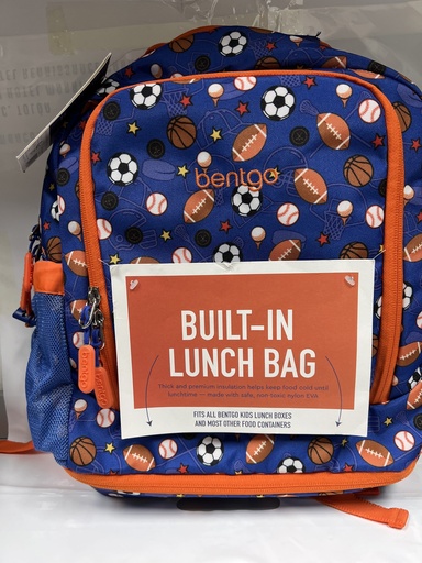BOLSO BENTGO CON  BOLSA DE ALMUERZO AZUL CON NARANJA DE PELOTAS 