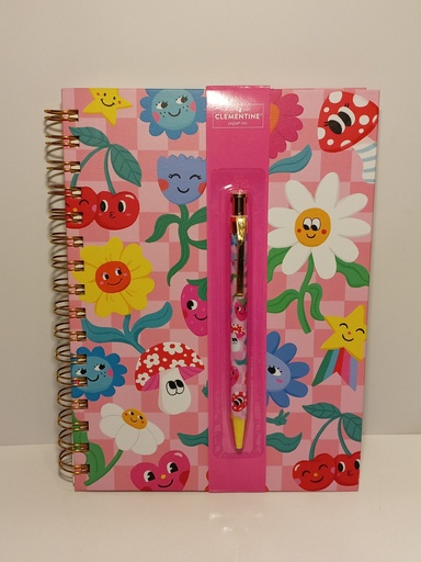 LIBRETA ESPIRAL FLORES Y HONGOS FONDO ROSADO CON BOLIGRAFO