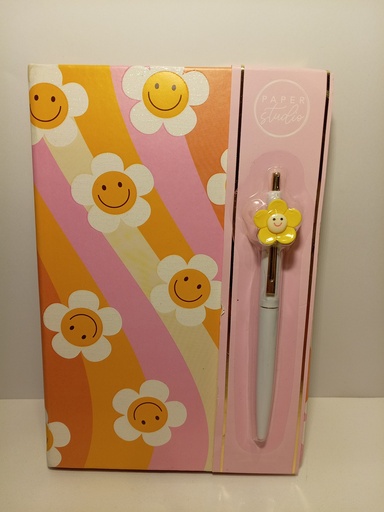 LIBRETA EMPASTADA DE NOTAS MOTIVOS MARGARITAS/CARA FELIZ CON BOLIGRAFO 