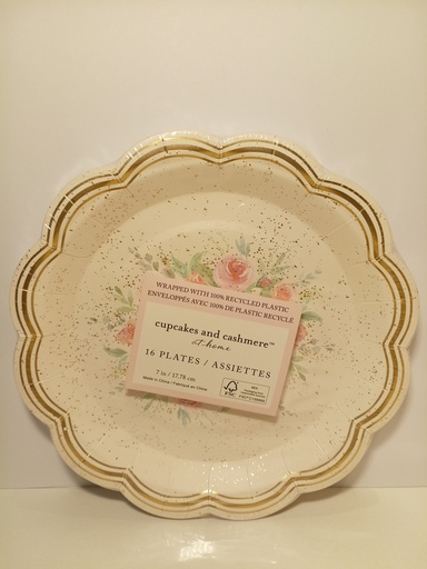 PLATOS DE CARTON FLORES/BORDES DORADO AT HOME 16UNI. 17.78CM