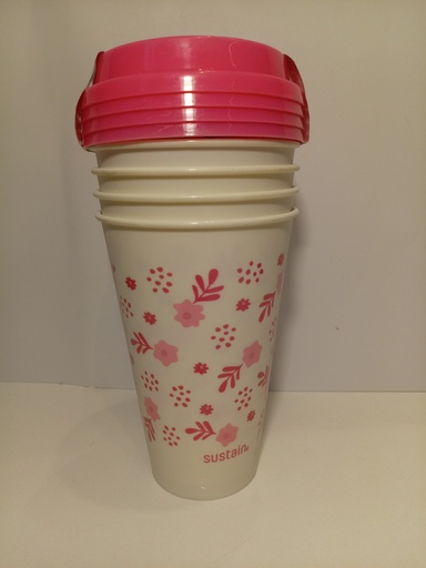 SET DE 4 VASOS PLASTICOS DE FLORES ROSADAS FONDO BLANCO