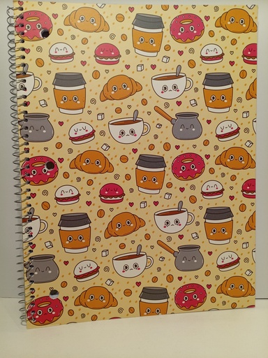 LIBRETA ESPIRAL MOTIVO DONAS Y CAFE FONDO AMARILLO